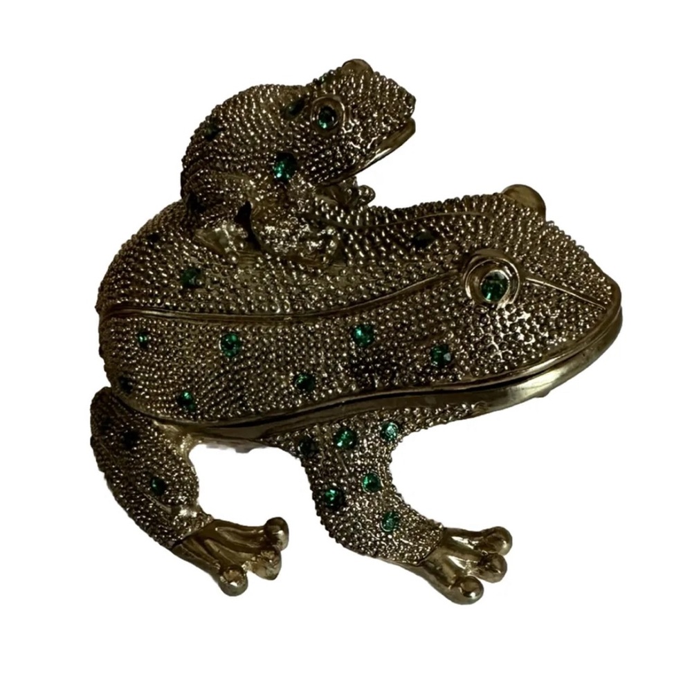 Vintage Bombay Company Brass Frog & Baby Jeweled Jewelry Trinket Box Gold Green
